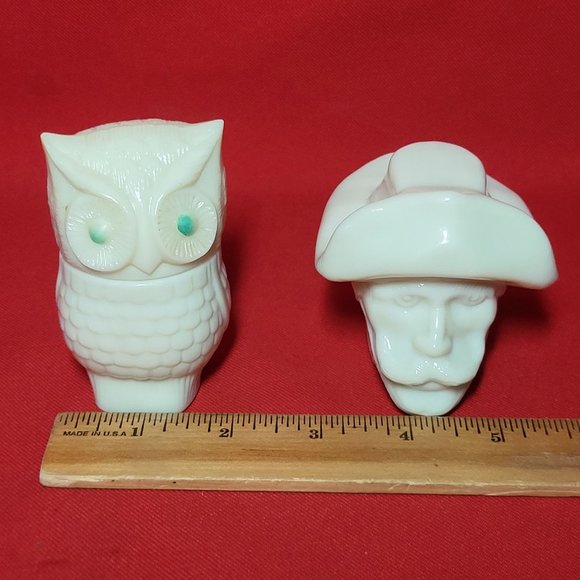 VTG Avon Collectibles Owl & Cowboy Cream Glass Decanter Set of 2 - Picture 6 of 11